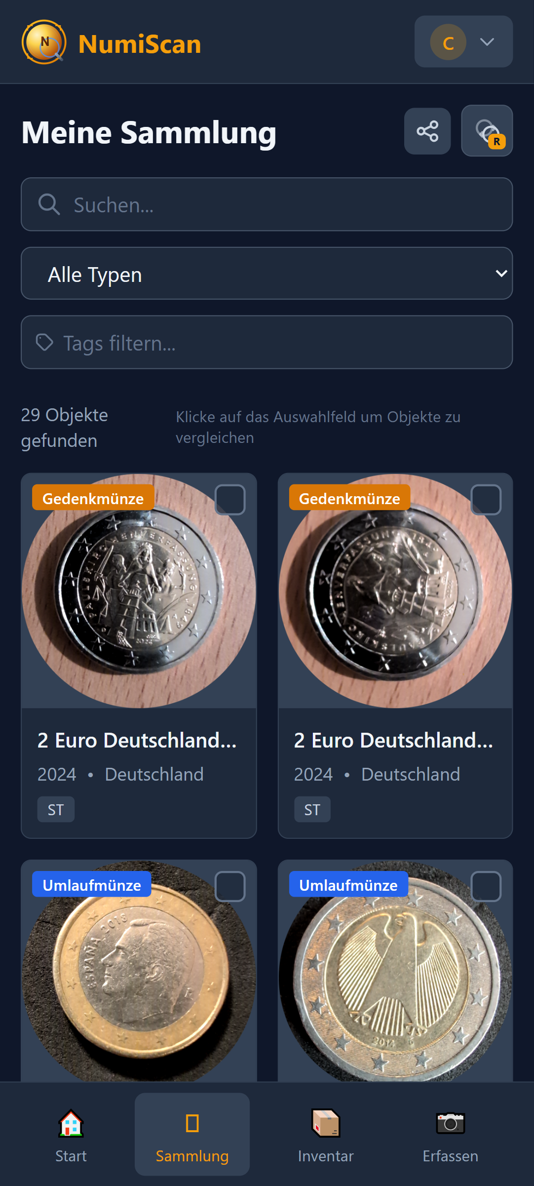 NumiScan Mobile App - Münzsammlung auf dem Smartphone