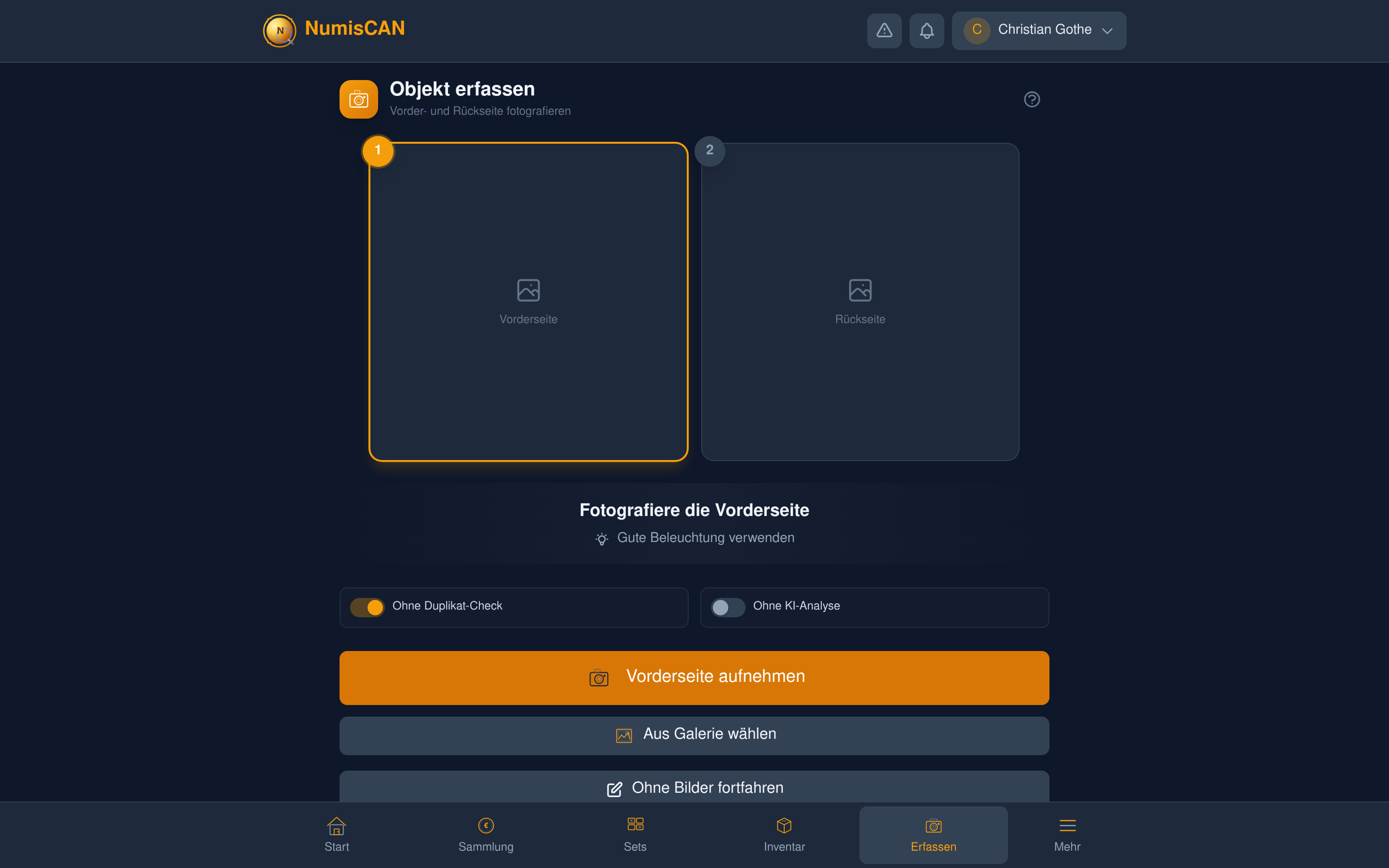 NumisCAN Erfassen - Münzen fotografieren mit KI-Erkennung