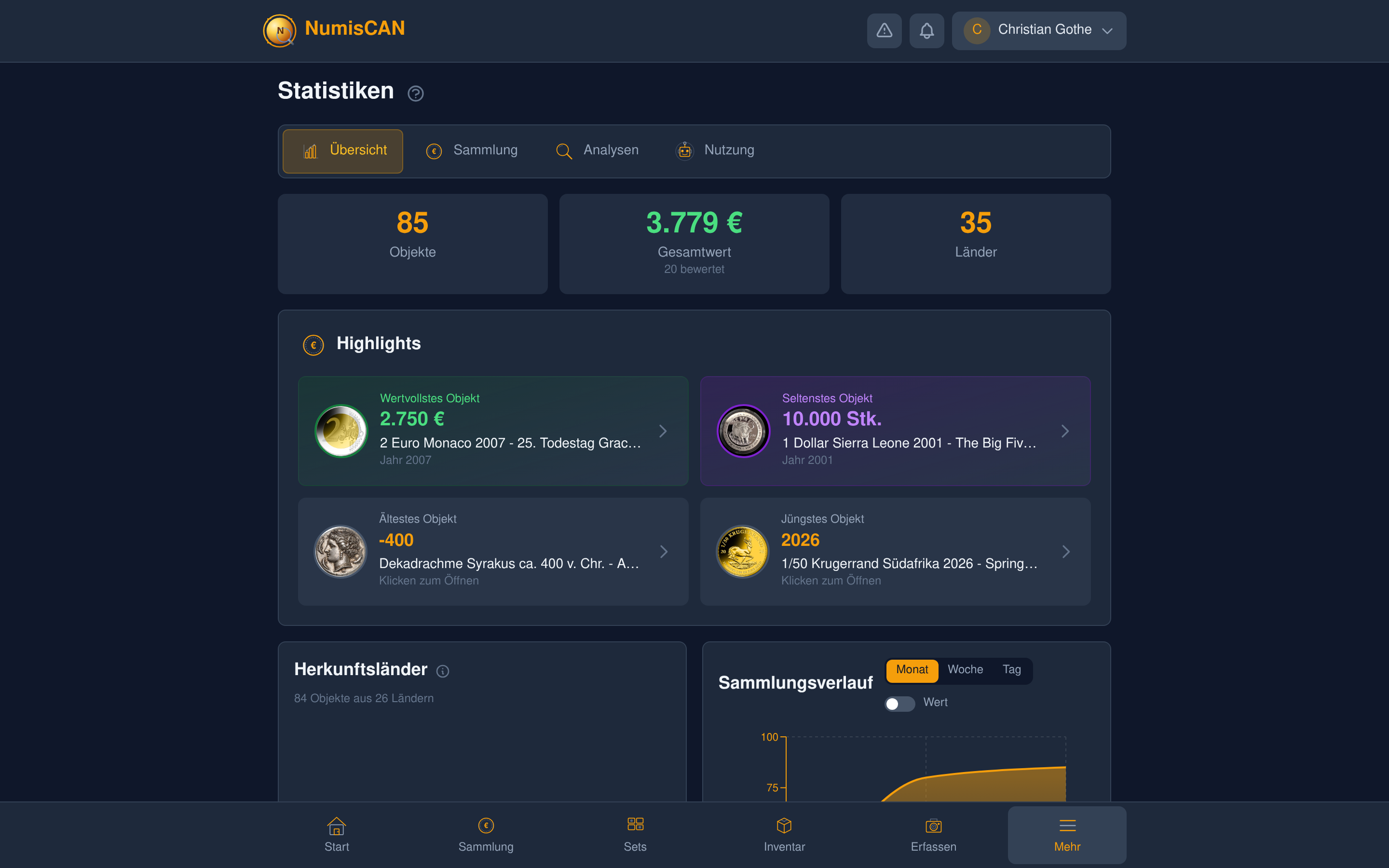 NumisCAN Statistiken - Highlights, wertvollste Münzen, Zeitverlauf